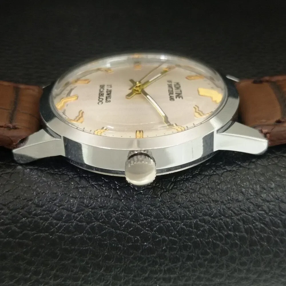 Vintage 1979 Montine Of Switzerland Manual Mens Silver Watch W/Leather Strap